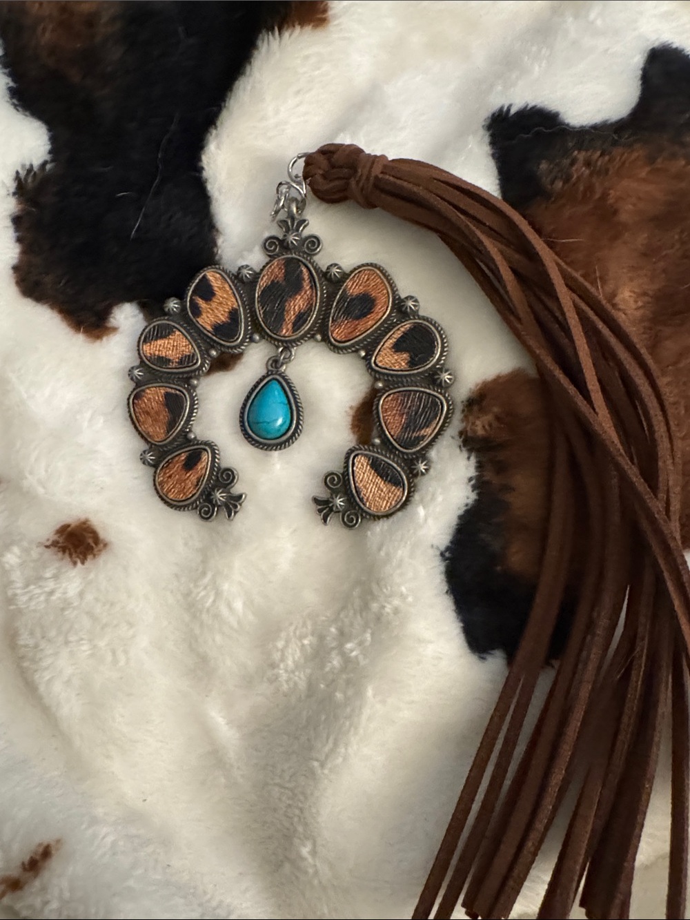 Turquoise Accent Brown Leather Tassel bag charm Women Jewelry